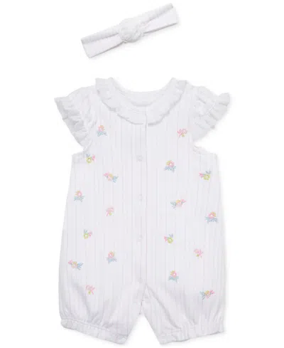 Little Me Baby Girls 2-pc. Embroidered Floral Stripe Romper & Headband Set In White