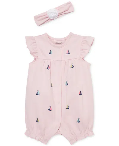 Little Me Baby Girls 2-pc. Embroidered Sailboat Romper & Headband Set In Pink