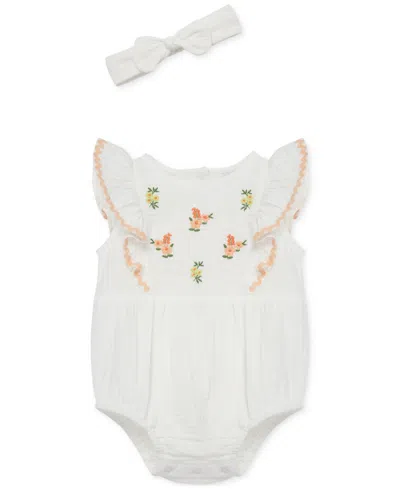 Little Me Baby Girls 2-pc. Gauze Embroidered Flowers Bubble Romper & Headband Set In White