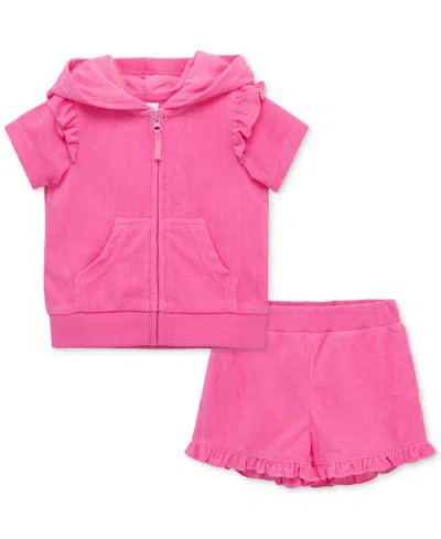 Little Me Girls' Cotton Blend Full Zip Hoodie & Shorts Swim Cover Up Set - Baby In Bright Pink