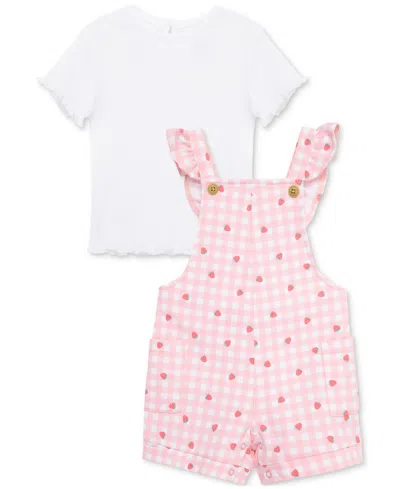 Little Me Baby Girls 2-pc. T-shirt & Strawberry Check Shortall Set In Pink