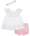 Little Me Baby Girls 3-pc. Cotton Eyelet Tunic, Shorts & Headband Set In White,pink