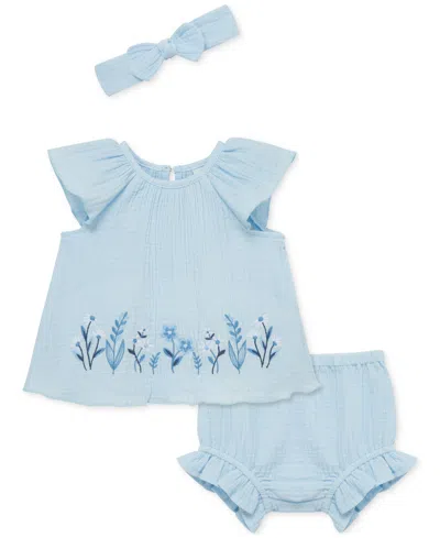 Little Me Baby Girls 3-pc. Embroidered Floral Gauze Sunsuit & Headband Set In Blue