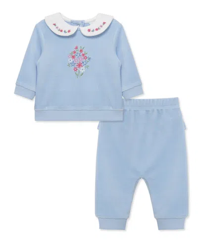 Little Me Baby Girls' Bouquet Embroidered Velour Top And Pants, 2-piece Set In Blue