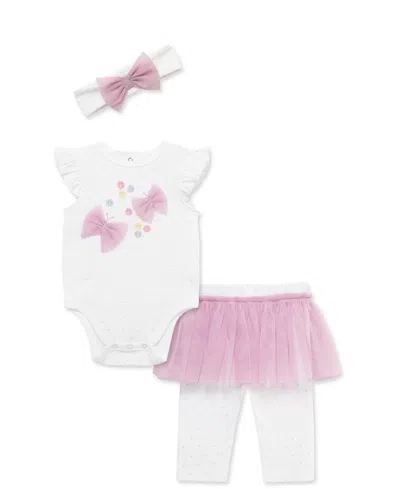 Little Me Baby Girls' Butterfly Bodysuit, Skeggings And Headband, 3-piece Set In White