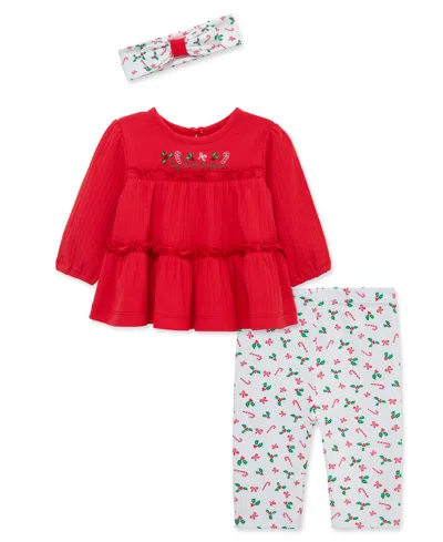 Little Me Baby Girls' Candy Cane Embroidered Tunic Top, Pants And Headband, 3-piece Set In Multi