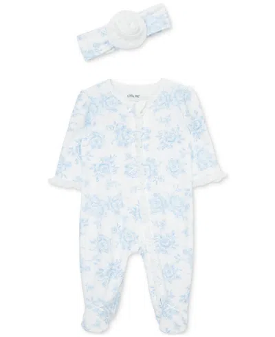 Little Me Baby Girls Cotton Blue Roses Footie & Headband Set In White