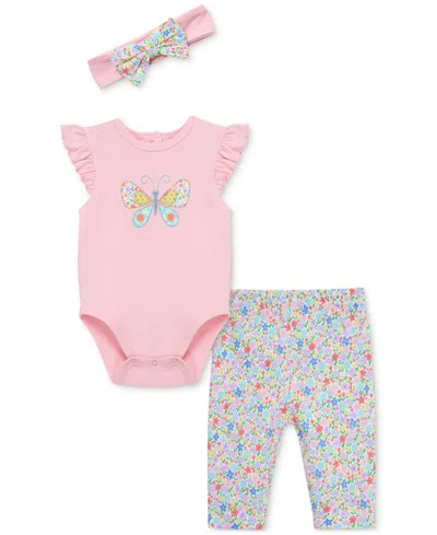 Little Me Baby Girls Cotton Butterfly Bodysuit, Leggings & Headband, 3 Piece Set In Pink