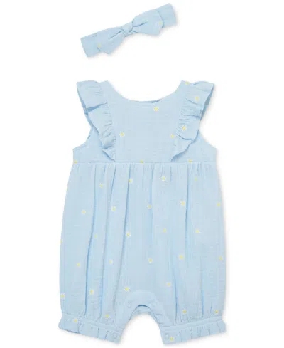Little Me Baby Girls Cotton Daisy Romper & Headband In Light Blue