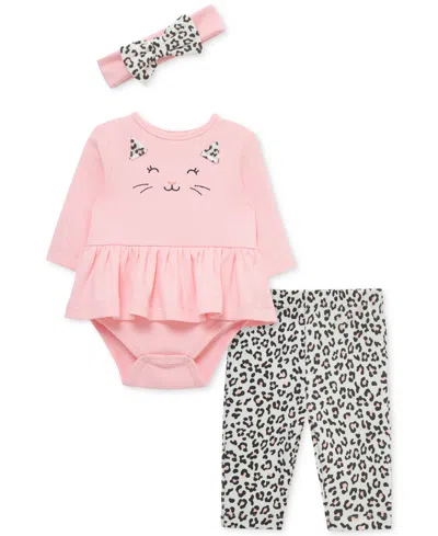 LITTLE ME BABY GIRLS COTTON LEOPARD HEADBAND, BODYSUIT & PANTS, 3 PIECE SET