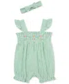 Little Me Stripe Floral Embroidered Cotton Bubble Romper & Headband Set