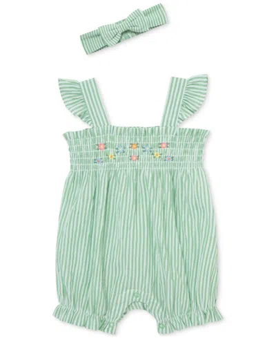 LITTLE ME BABY GIRLS COTTON STRIPED FLORAL BUBBLE ROMPER & HEADBAND, 2 PIECE SET