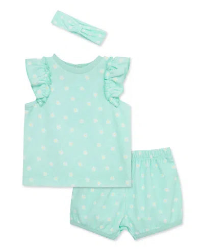 Little Me Baby Girls Daisies Shorts Set With Headband In Aqua