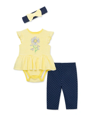 Little Me Baby Girls Daisy Bodysuit Pant Set With Headband In Blue