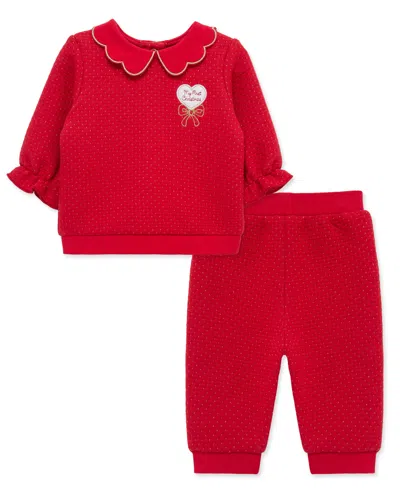 Little Me Baby Girls' Embroidered Festive Top And Pants, 2-piece Set In Burgundy