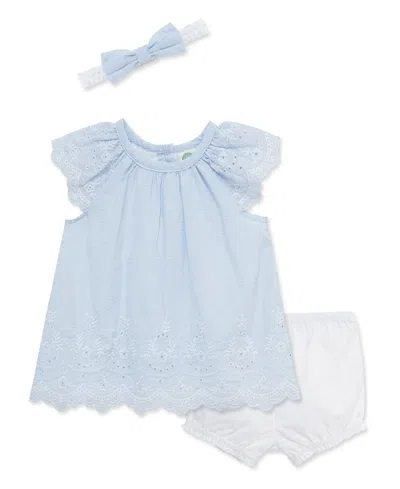 Little Me Baby Girls' Eyelet Embroidery Top, Shorts And Headband, 3-piece Set In Blue