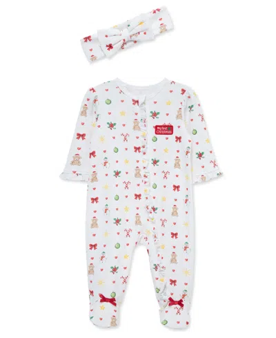 Little Me Baby Girls' Festive Printed Footed Coveralls And Headband, 2-piece Set In Multi