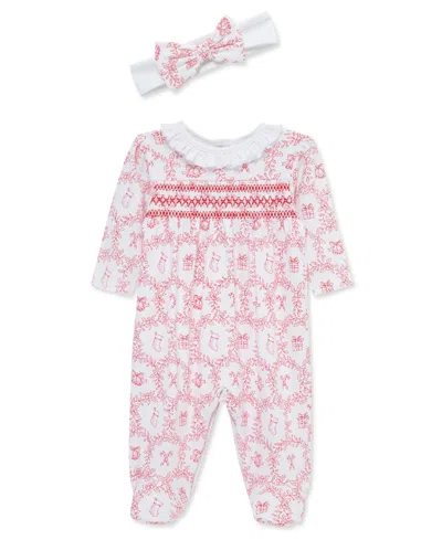 Little Me Baby Girls' Festive Toile Print Footed Coveralls And Headband, 2-piece Set In Multi