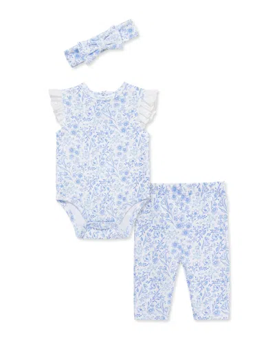 Little Me Baby Girls' Floral Eyelet Bodysuit, Pants And Headband, 3-piece Set In Blue