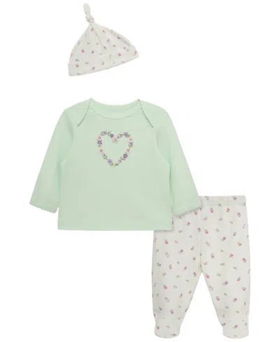Little Me Baby Girls' Floral Heart Lap-shoulder Top, Pants And Hat, 3-piece Set In Green