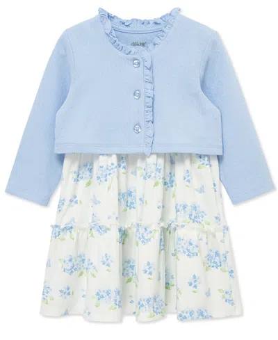 Little Me Baby Girls' Floral Print Dress, Cardigan And Diaper Cover, 3-piece Set In Blue