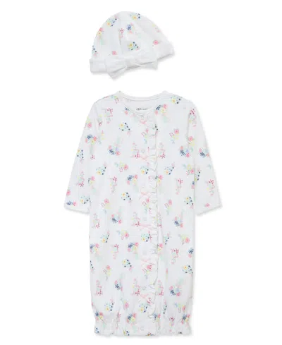 Little Me Baby Girls' Floral Sleeper Gown And Hat, 2-piece Set In White