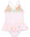 Little Me Baby Girls Floral-trim Striped One-piece Swimsuit In Bright Pink