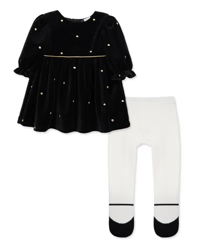Little Me Baby Girls' Gold Dot Mesh Long-sleeve Dress And Tights, 2-piece Set In Black