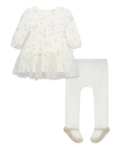 Little Me Baby Girls' Gold Floral Mesh Dress And Tights, 2-piece Set In White