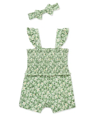 Little Me Baby Girls' Green Daisy Knit Romper And Headband, 2-piece Set