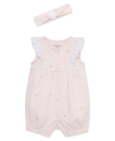 Little Me Baby Girls Hearts Romper With Headband In Pink