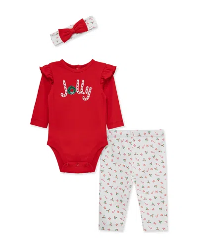 Little Me Baby Girls' Jolly Embroidered Bodysuit, Pants And Headband, 3-piece Set In Multi