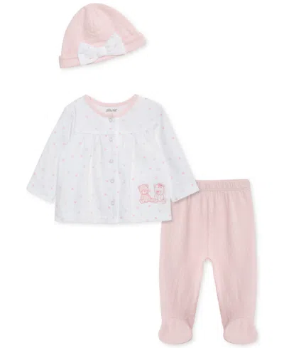 Little Me Baby Girls Joyful Cotton Hat, Cardigan & Footed Pants Set In Pink