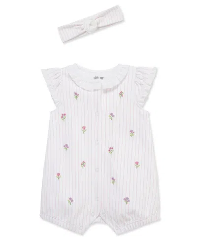 Little Me Baby Girls' Knit Floral Romper & Headband, 2-piece Set In White