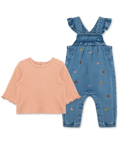 Little Me Baby Girls Leaves Woven Denim Overall & Top Set In Orange