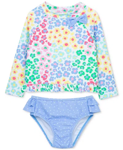 Little Me Baby Girls Long-sleeve Rash Guard Upf 50+ Swimsuit, 2 Piece Set In Blue Leopard