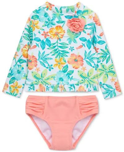 Little Me Baby Girls Long-sleeve Rash Guard Upf 50+ Swimsuit, 2 Piece Set In Tropical Coral