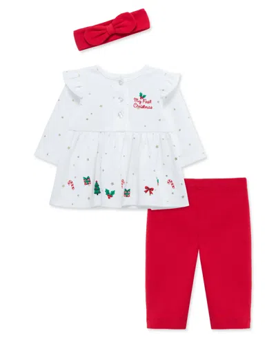 Little Me Baby Girls' Merry Embroidered Tunic Top, Pants And Headband, 3-piece Set In Multi