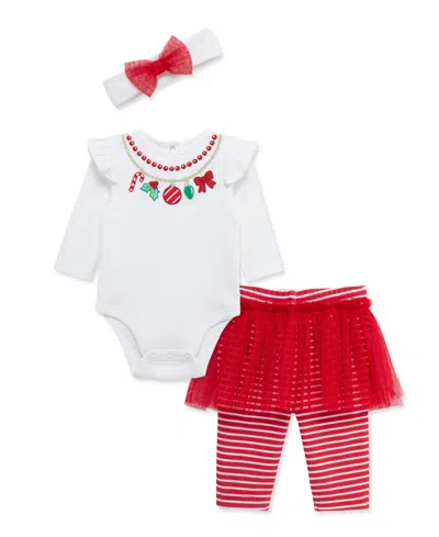 Little Me Baby Girls' Necklace Embroidered Bodysuit, Skeggings And Headband, 3-piece Set In Multi