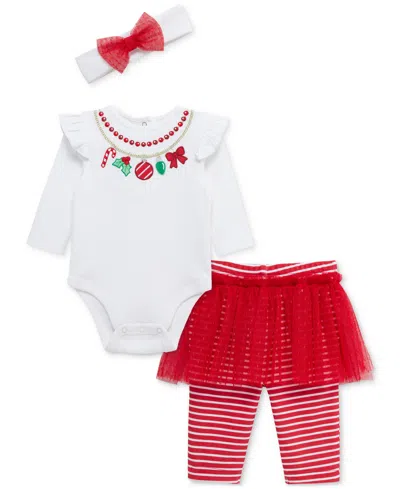 Little Me Baby Girls Necklace-embroidered Holiday Bodysuit Headband & Skirted Leggings, 3 Piece Set In Multi