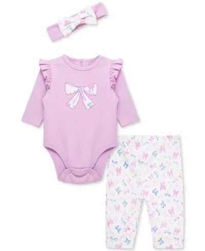 Little Me Baby Girls Pretty Bows Cotton Headband, Bodysuit & Pants Set In Purple