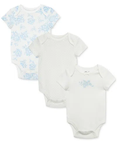 Little Me Baby Girls Roses Short-sleeve Cotton Bodysuits, Pack Of 3 In White,blue