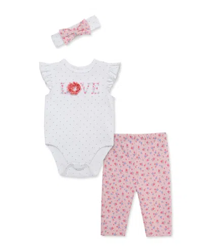 Little Me Baby Girls' Round Neck Bodysuit, Leggings And Headband, 3-piece Set In White