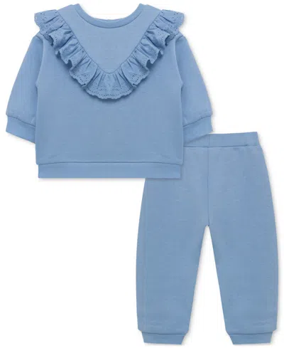 Little Me Baby Girls Ruffled Eyelet Sweatshirt & Pants, 2 Piece Set In Blue