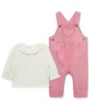Little Me Long Sleeve Top & Stripe Overalls Set In Pink