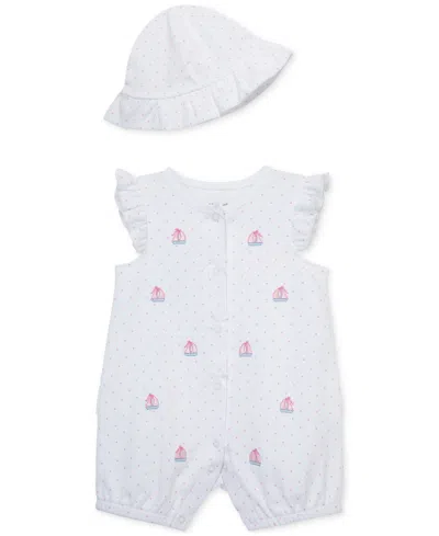 Little Me Baby Girls Sailboats Cotton Romper & Hat, 2 Piece Set In Brght Pink