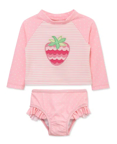 Little Me Baby Girls' Strawberry Long-sleeve Rash Guard And Swim Bottoms, 2-piece Set In Pink