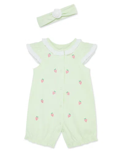 Little Me Baby Girls Strawberry Romper With Headband In Green