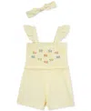 Little Me Stripe Floral Embroidered Cotton Romper & Headband Set In Yellow