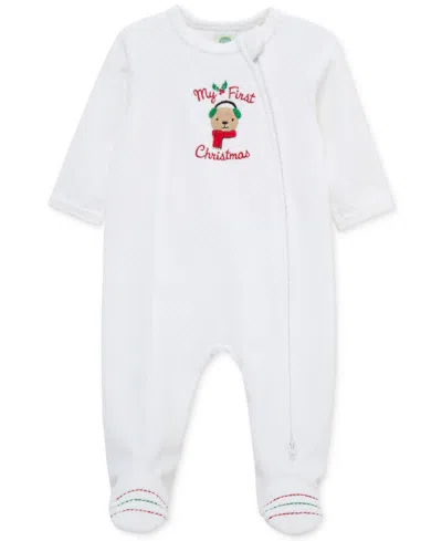 Little Me Baby Merry Bear Velour Footed Coverall In White